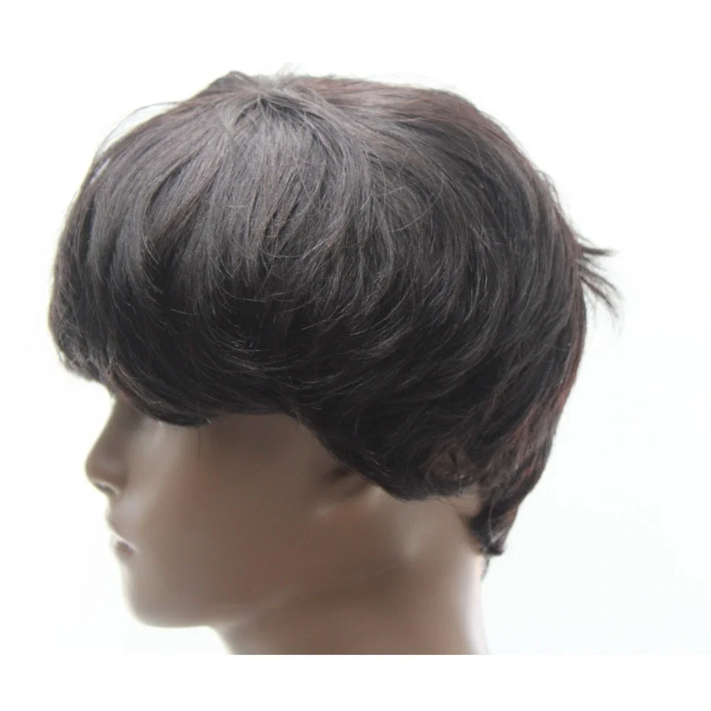 Short Pixie Cut Dark Brown Wig #2 Adjustable Mesh Cap Synthetic and Human Hair